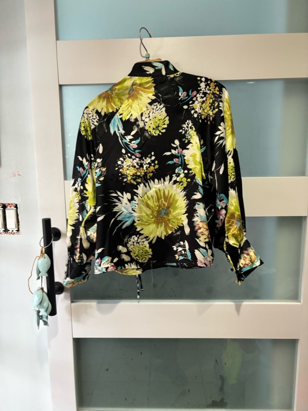 Zara Silk Black FloralBlouse with Yellow & Aqua Accents